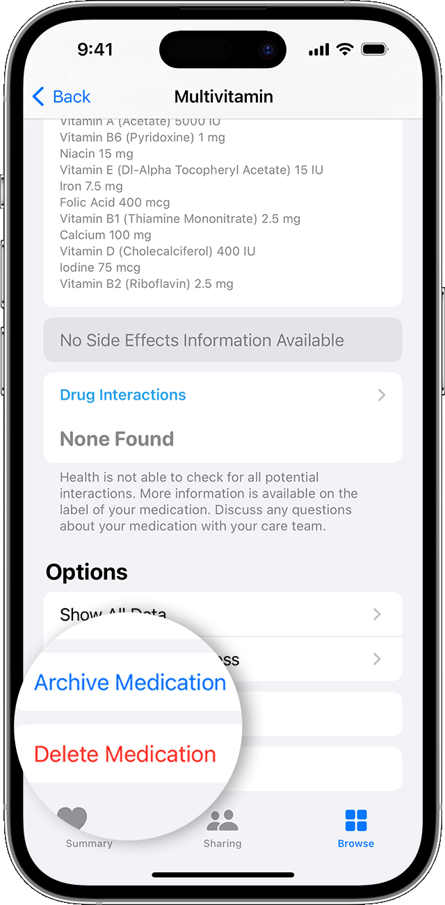 The Options section of a medication on iPhone with the Archive and Delete Medication options magnified.