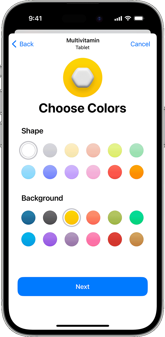 Selecting the shape and background colors of a medication on iPhone.