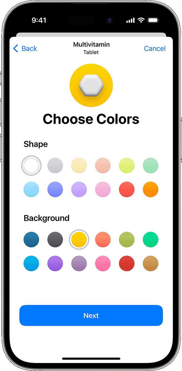 在 iPhone 上選擇藥物的形狀和背景顏色。