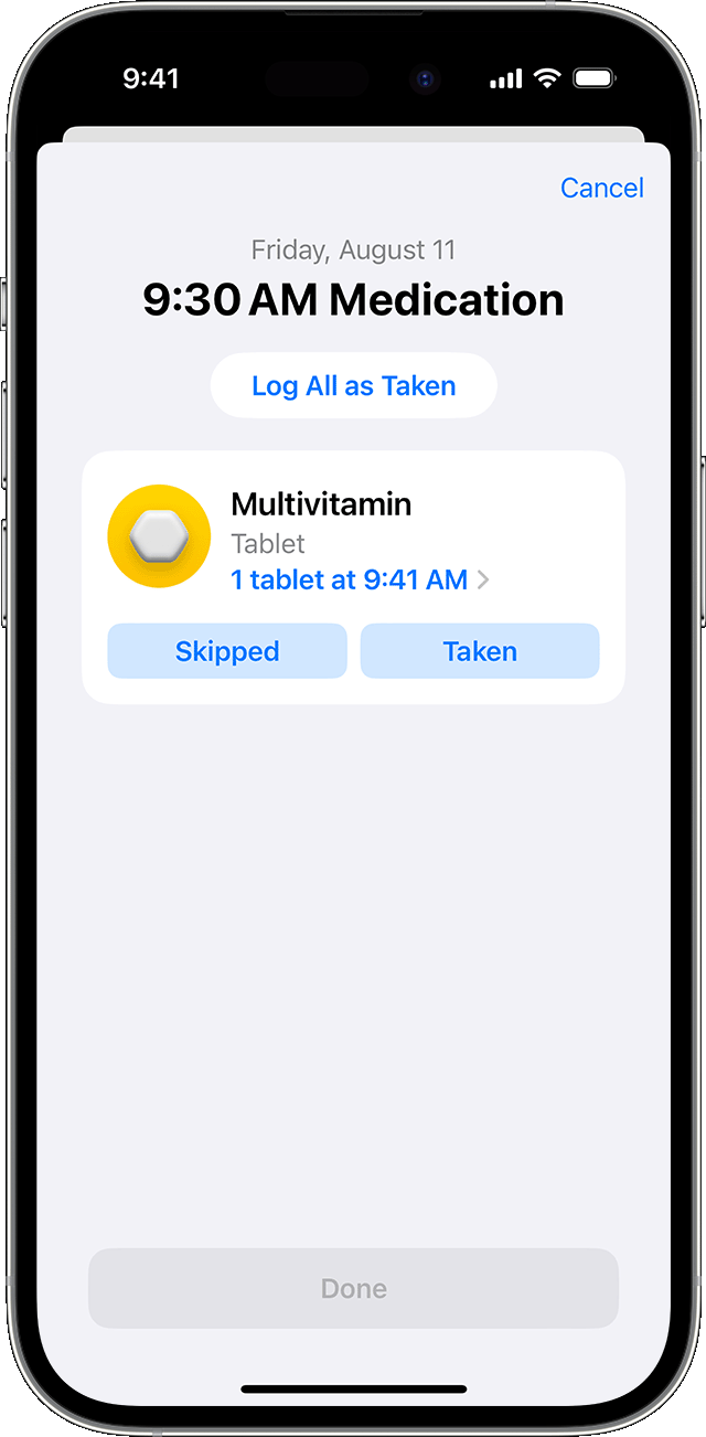 The screen for logging a medication on iPhone.