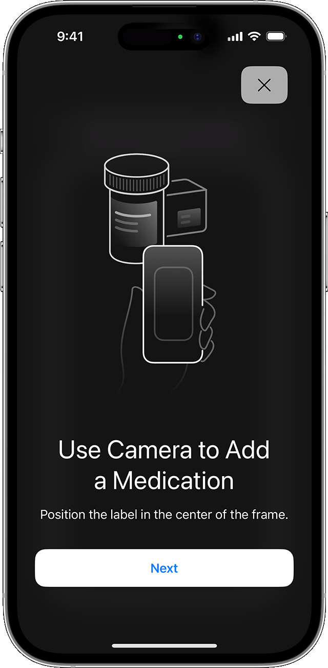 La pantalla de inicio para usar la cámara para agregar un medicamento en el iPhone.
