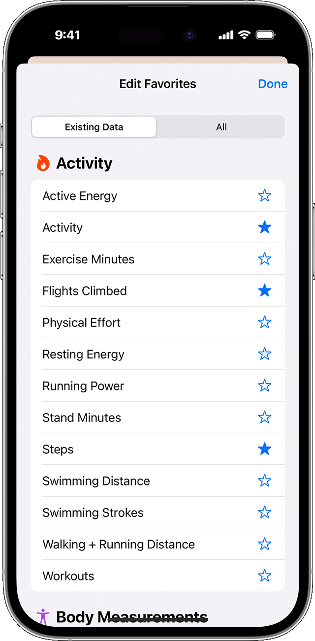 L’écran Modifier les favoris sur l’iPhone qui répertorie les catégories de santé qu’il est possible de suivre.