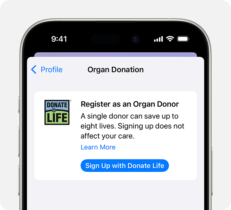 Ein iPhone, das die Option zeigt, sich bei Donate Life als Organspender zu registrieren.