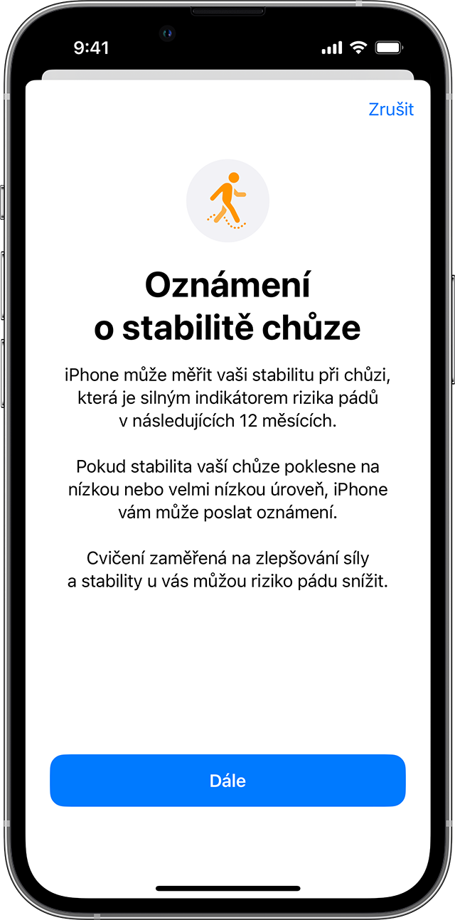 Obrazovka iPhonu s obrazovkou nastavení stability chůze