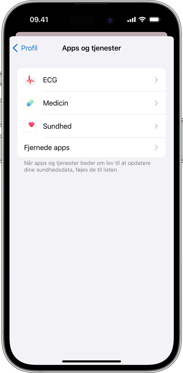 En iPhone-skærm, som viser de apps og tjenester, der har tilladelse til at opdatere sundhedsdata.