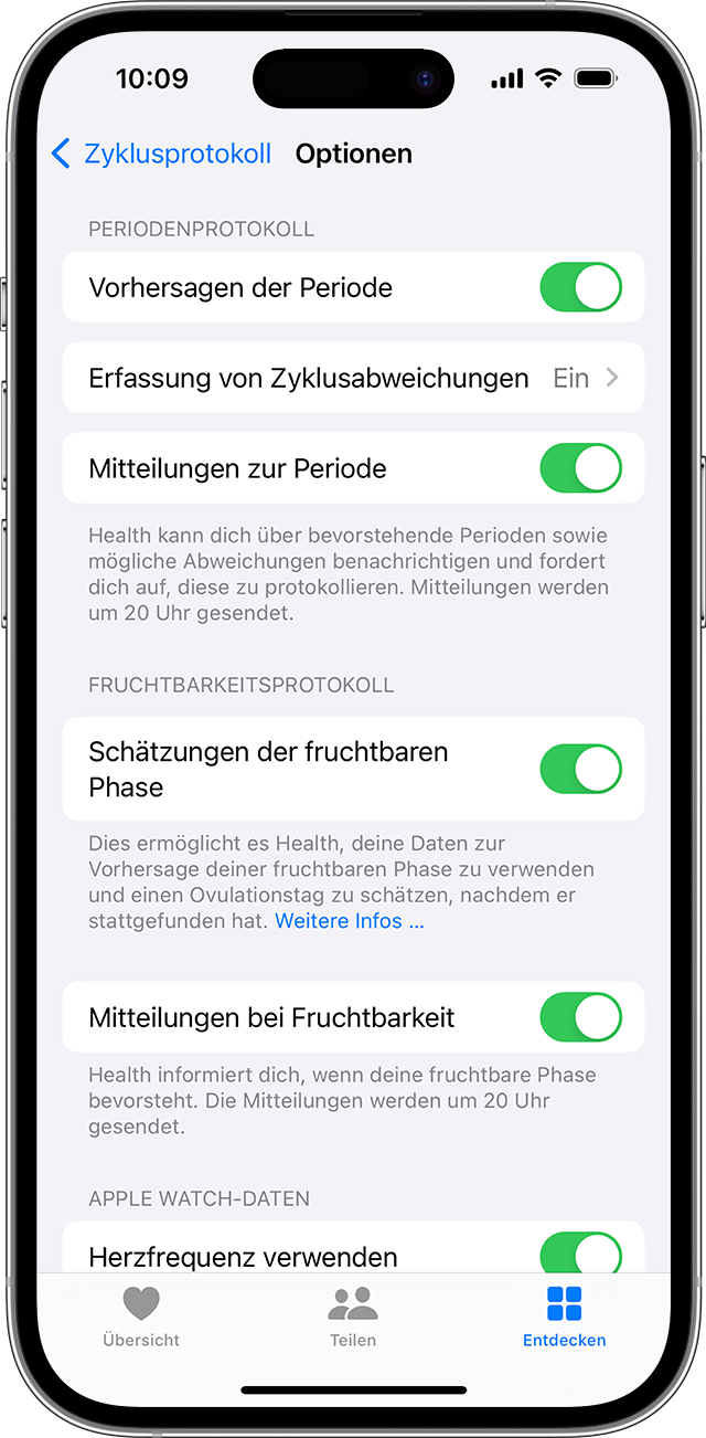 Ein iPhone, das die Optionen für das Zyklusprotokoll wie „Vorhersagen zur Periode“ und „Mitteilungen zur Fruchtbarkeit“ anzeigt.