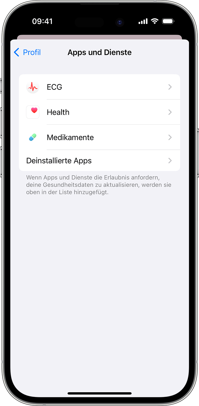 Ein iPhone-Bildschirm, auf dem die Apps und Dienste angezeigt werden, die zur Aktualisierung der Gesundheitsdaten berechtigt sind.