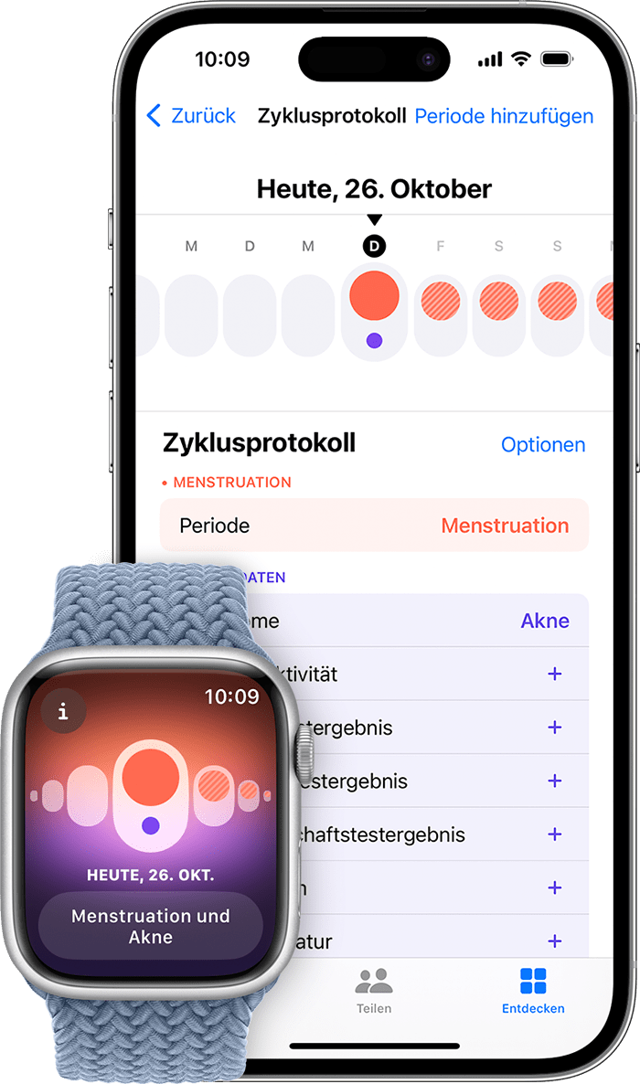 Ein iPhone und eine Apple Watch, die eine im Zyklusprotokoll aufgezeichnete Periode anzeigen.