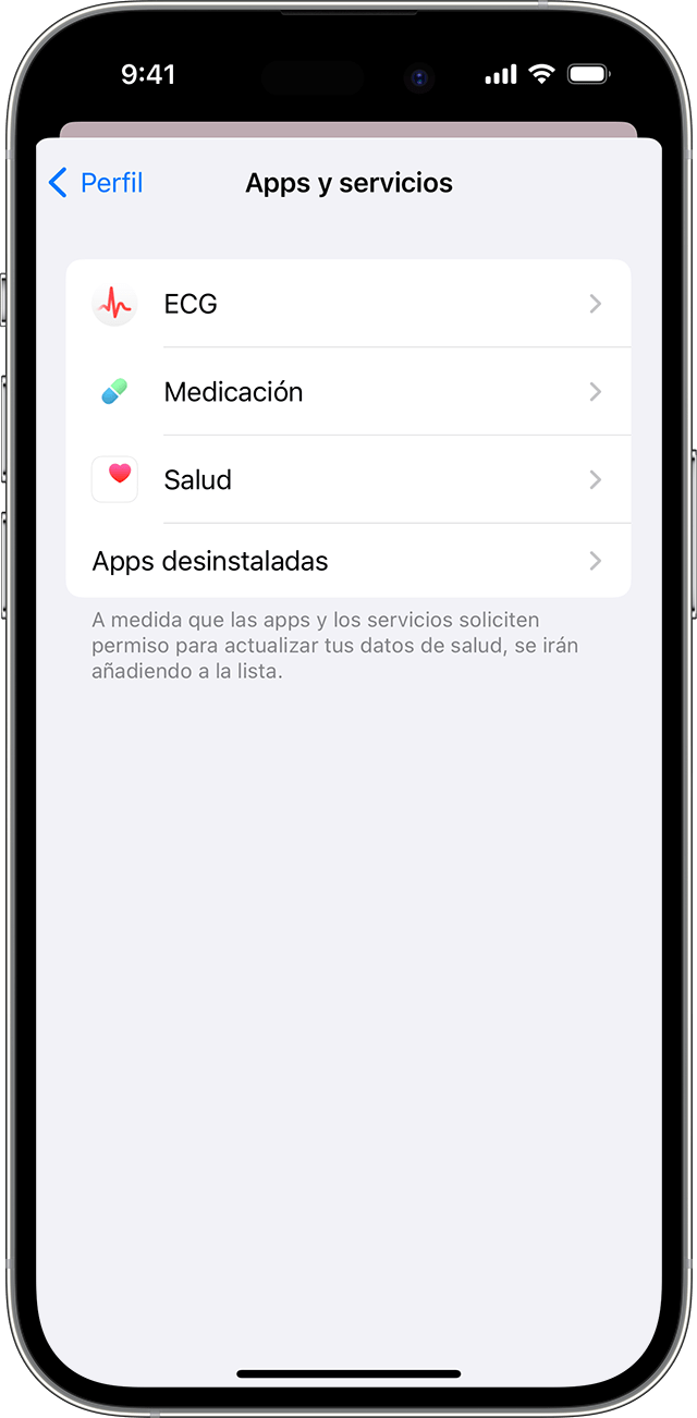 Una pantalla de iPhone que muestra las apps y los servicios que tienen permiso para actualizar los datos de salud.