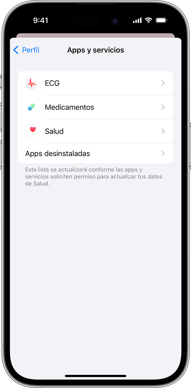 Una pantalla de iPhone en la que se muestran las apps y los servicios con permiso para actualizar los datos de Salud.