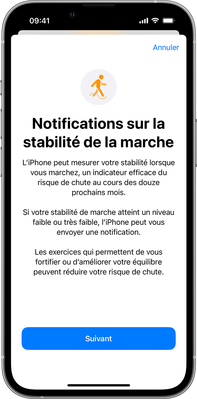 Écran d’iPhone montrant la page de configuration de Stabilité de la marche