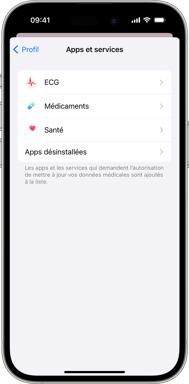 Un écran d’iPhone qui affiche les apps et les services autorisés à mettre à jour les données de santé.