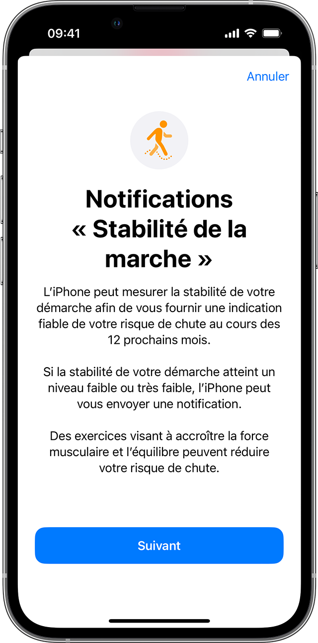 Écran d’iPhone affichant la page de configuration de la fonctionnalité Stabilité de la marche