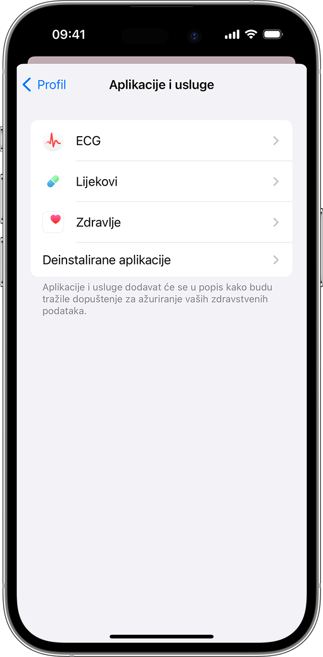 Zaslon iPhone uređaja s prikazom aplikacija i usluga koje imaju dozvolu za ažuriranje zdravstvenih podataka.