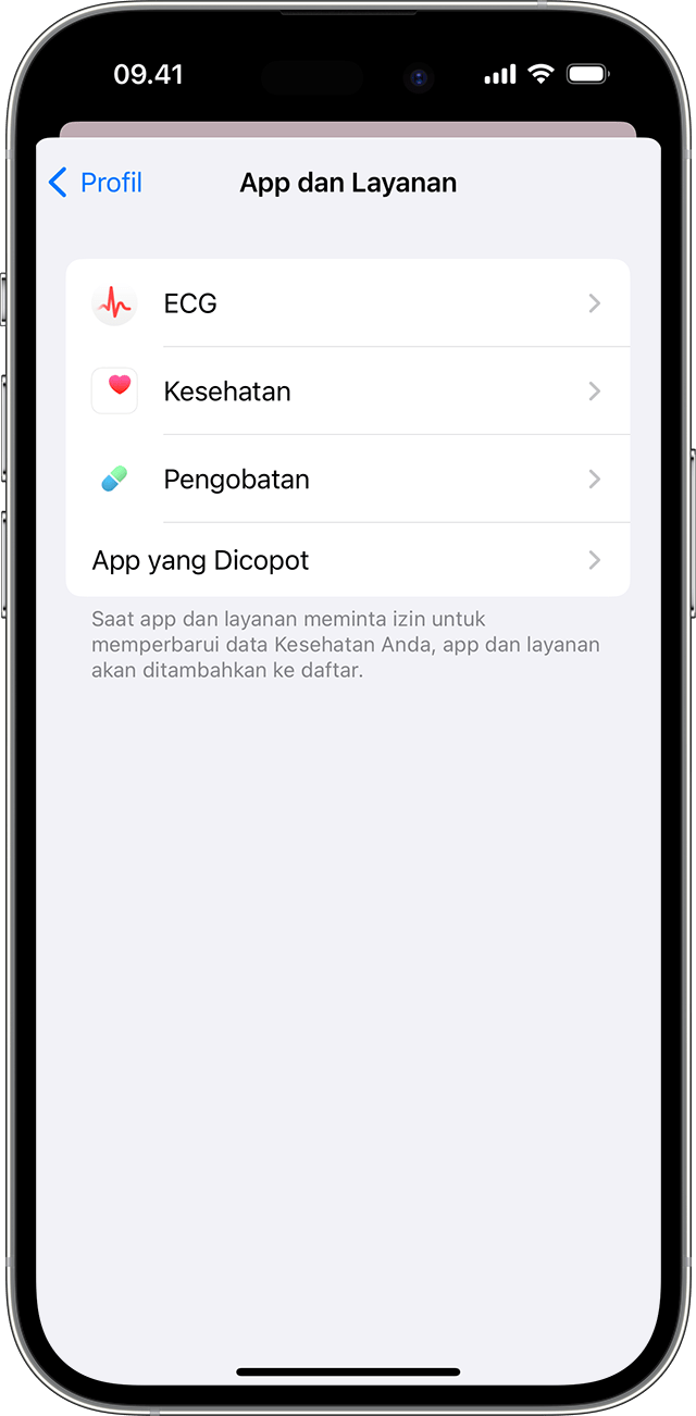 Layar iPhone yang menampilkan App dan Layanan yang memiliki izin untuk memperbarui data Kesehatan.