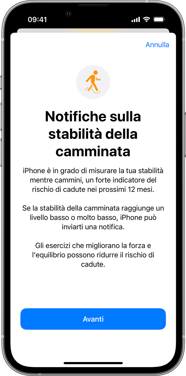 Schermata di un iPhone che mostra la pagina di configurazione di Stabilità della camminata