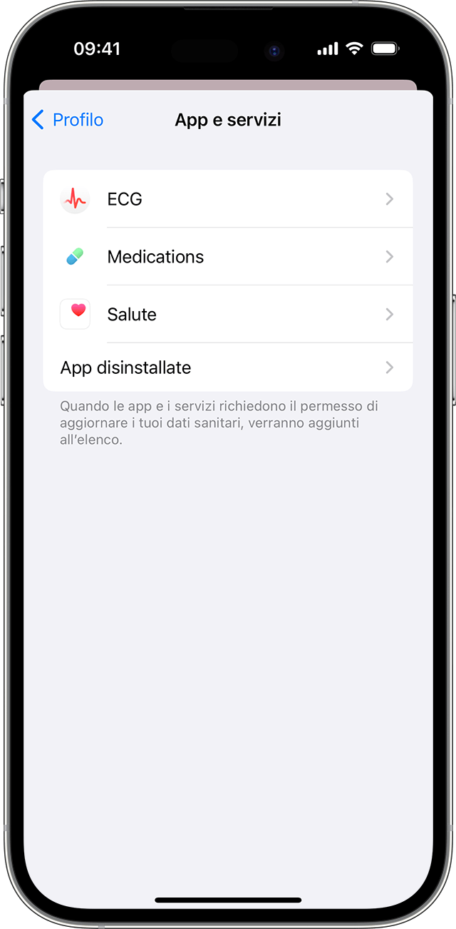 Schermata dell'iPhone che mostra le app e i servizi autorizzati ad aggiornare i dati sanitari.