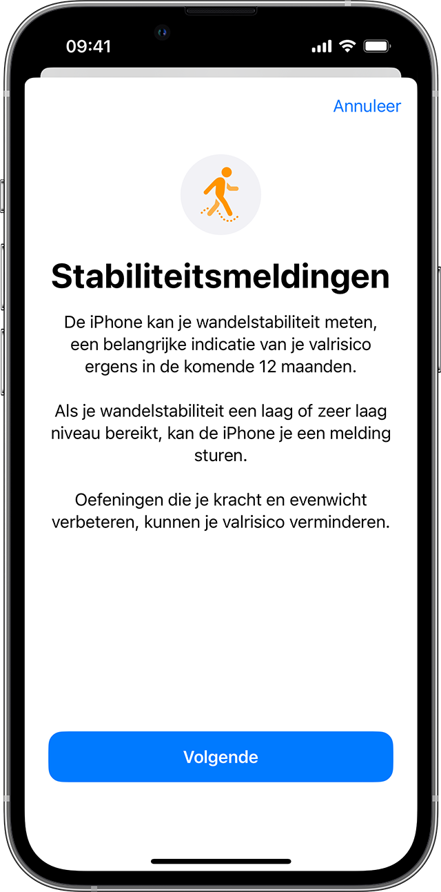 Een iPhone-scherm met daarop de configuratiepagina voor wandelstabiliteit