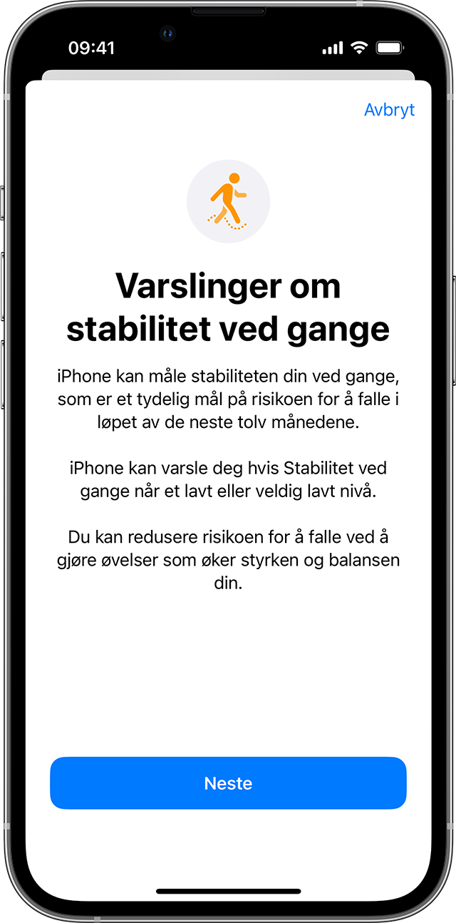 En iPhone-skjerm som viser oppsettsiden for Stabilitet ved gange