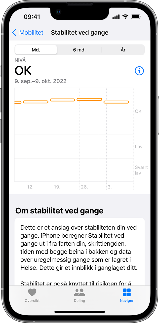 En iPhone-skjerm som viser en graf over Stabilitet ved gange-nivåer
