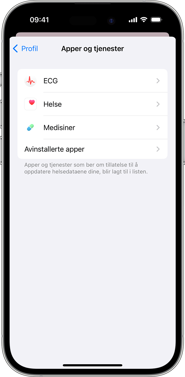 En iPhone-skjerm som viser appene og tjenestene som har tillatelse til å oppdatere helsedata.