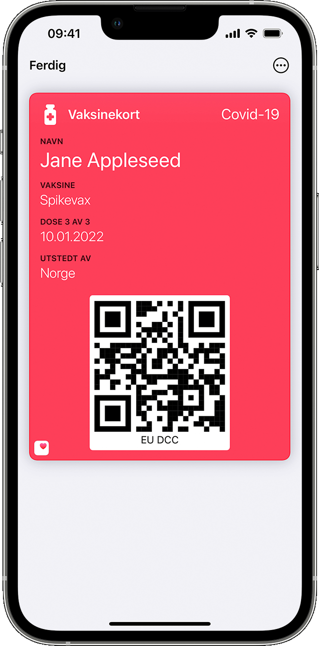 En iPhone-skjerm som viser et vaksinekort i Lommebok-appen