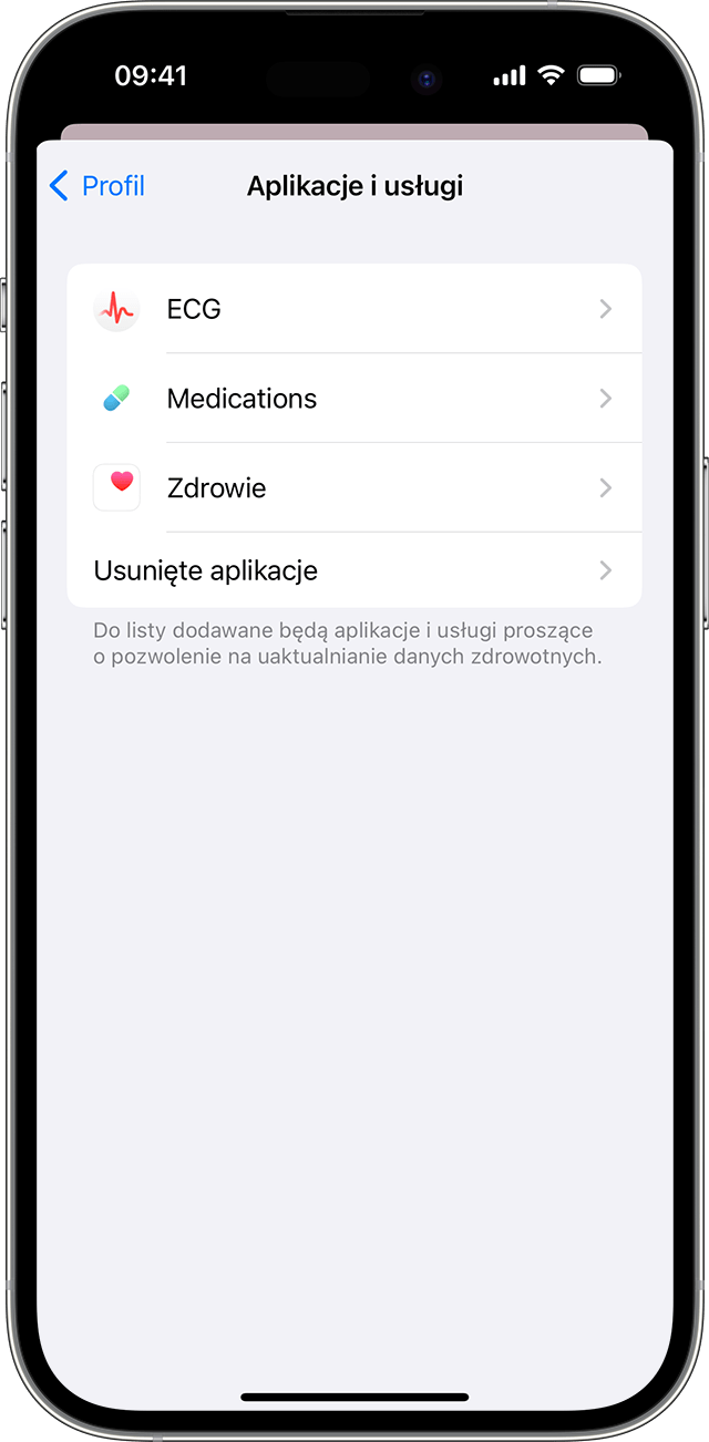 Ekran iPhone’a pokazujący aplikacje i usługi, które mają uprawnienia do uaktualniania danych o zdrowiu.