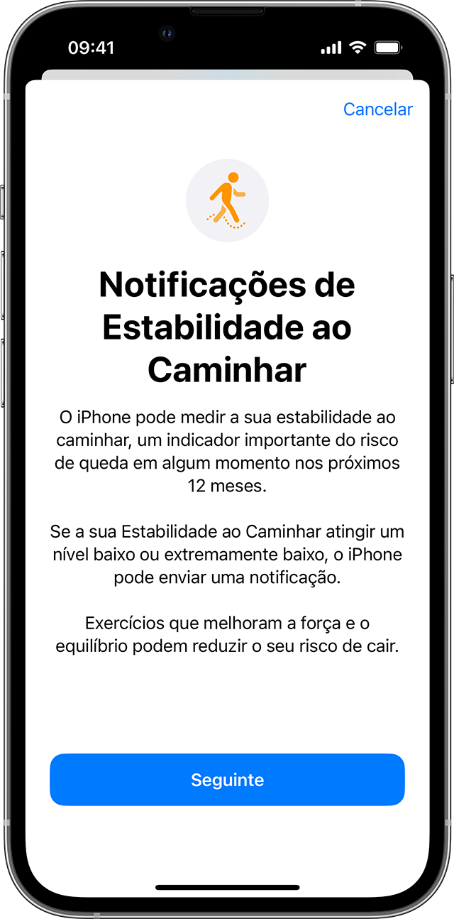Tela do iPhone exibindo a página de configuração do recurso Estabilidade ao Caminhar