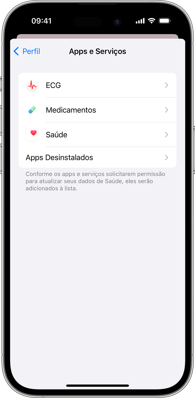 Tela do iPhone que mostra os apps e serviços que têm permissão para atualizar os dados de Saúde.