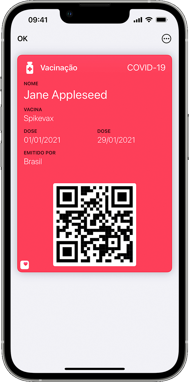 Tela do iPhone mostrando um Cartão de Vacinação no app Carteira