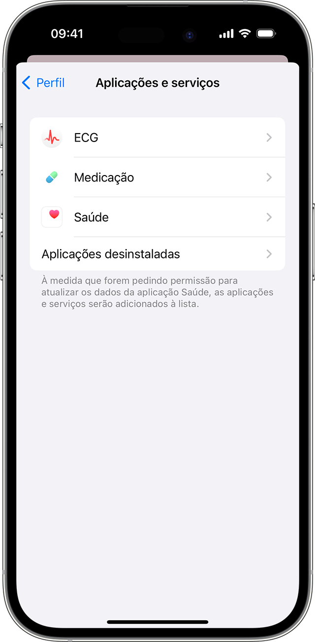 Ecrã de um iPhone a mostrar as Aplicações e serviços que têm permissão para atualizar dados de saúde.