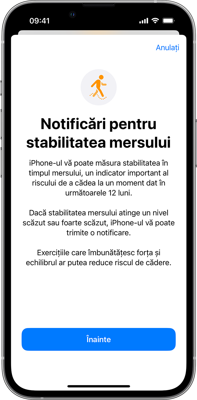 Ecranul unui iPhone afișând pagina de configurare pentru stabilitatea mersului