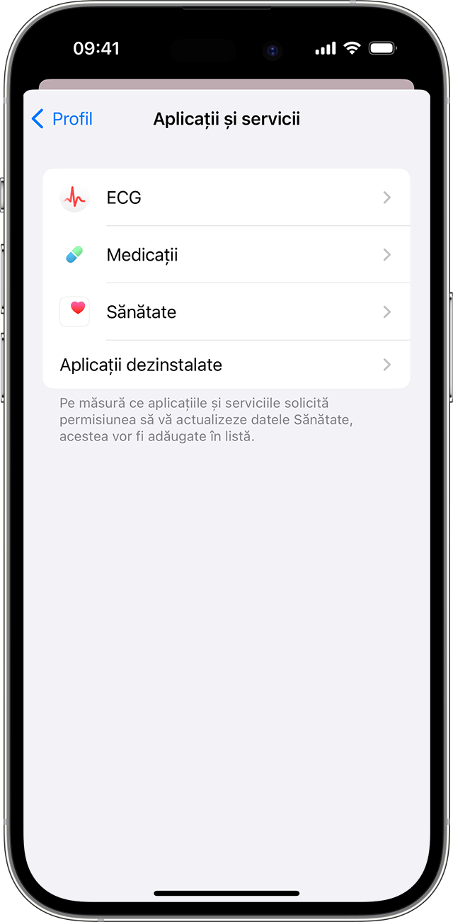 Un ecran de iPhone care afișează aplicațiile și serviciile care au permisiunea de a actualiza datele aplicației Sănătate.