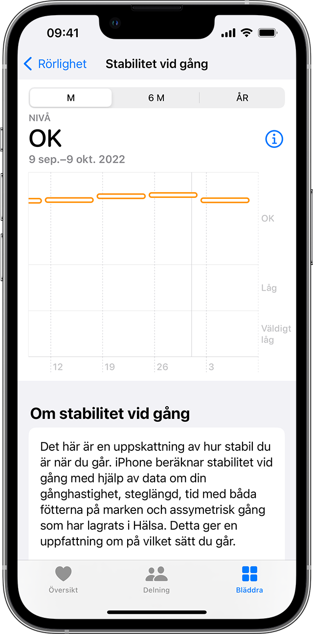 En iPhone-skärm som visar ett diagram över olika nivåer av Stabilitet vid gång