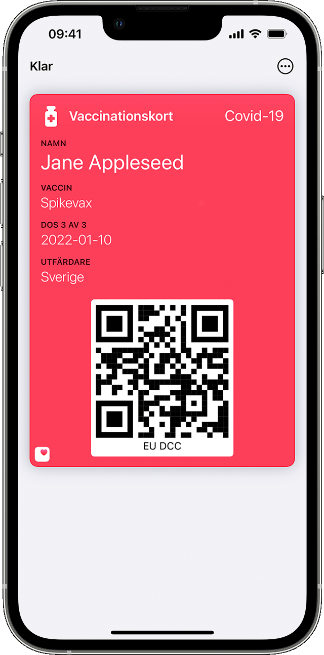 En iPhone-skärm som visar ett vaccinationskort i appen Plånbok