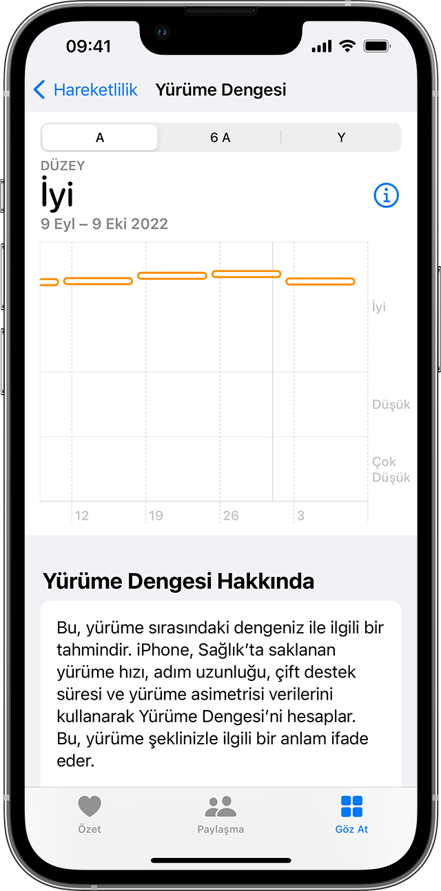 Yürüme Dengesi düzeyleri grafiğinin görüntülendiği iPhone ekranı