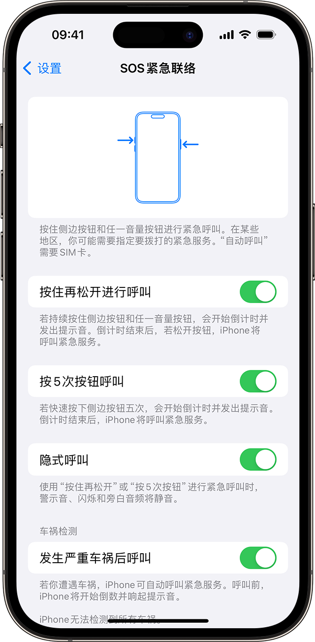 iOS 17，iPhone 14 Pro，设置，SOS 紧急联络。