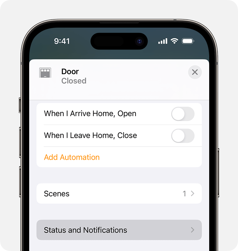 Status and Notifications appears below Scenes on the accessory settings screen for a smart home Door sensor