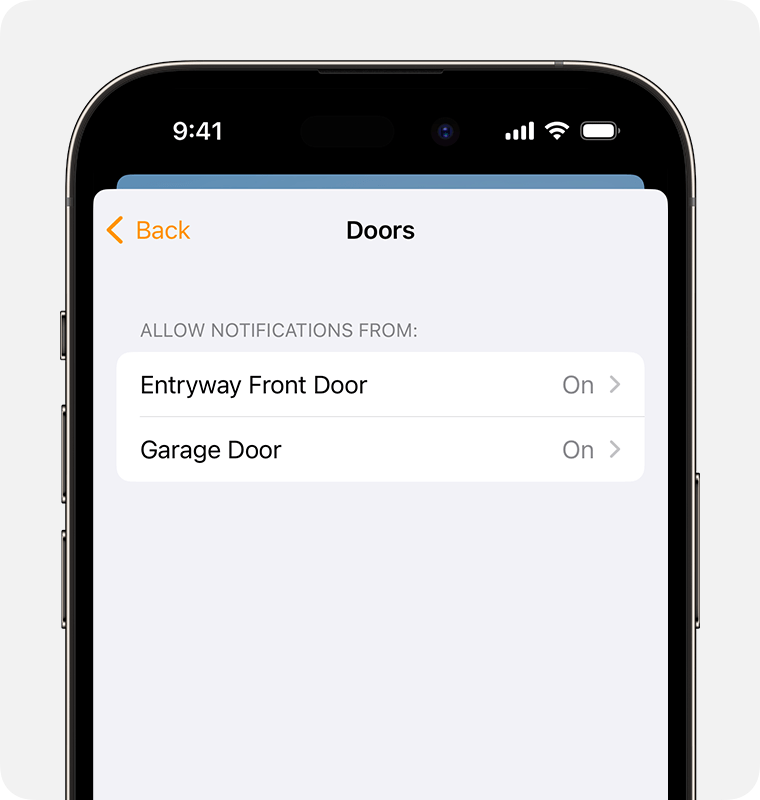 Accessory notifications are enabled for all door sensors