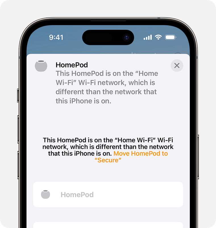 The option to Move HomePod to a different Wi-Fi network appears near the top of the HomePod settings screen
