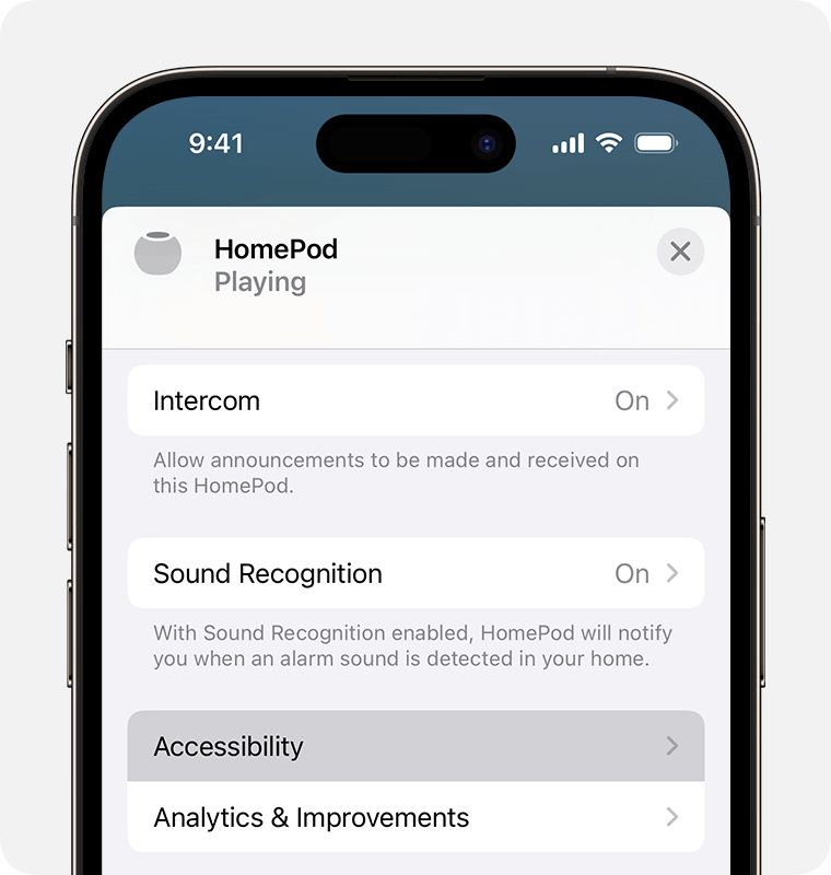 Accessibility appears before Analytics & Improvements on the HomePod settings screen
