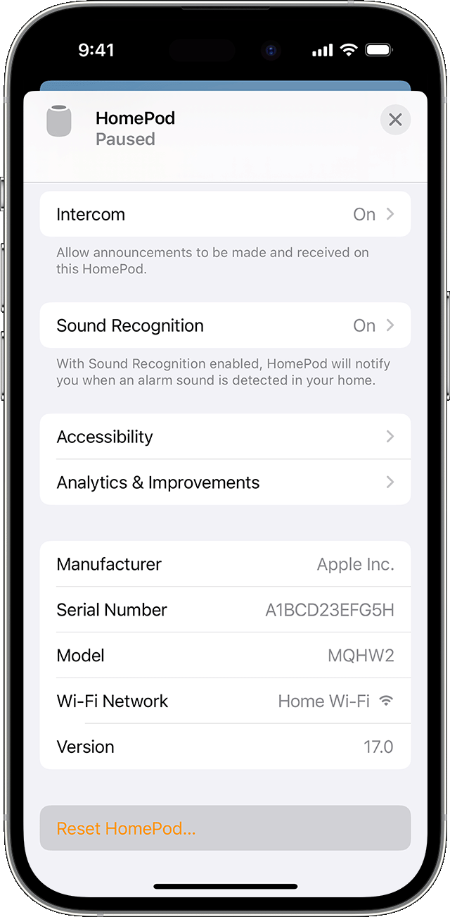 Reset HomePod appears at the bottom of the HomePod settings screen