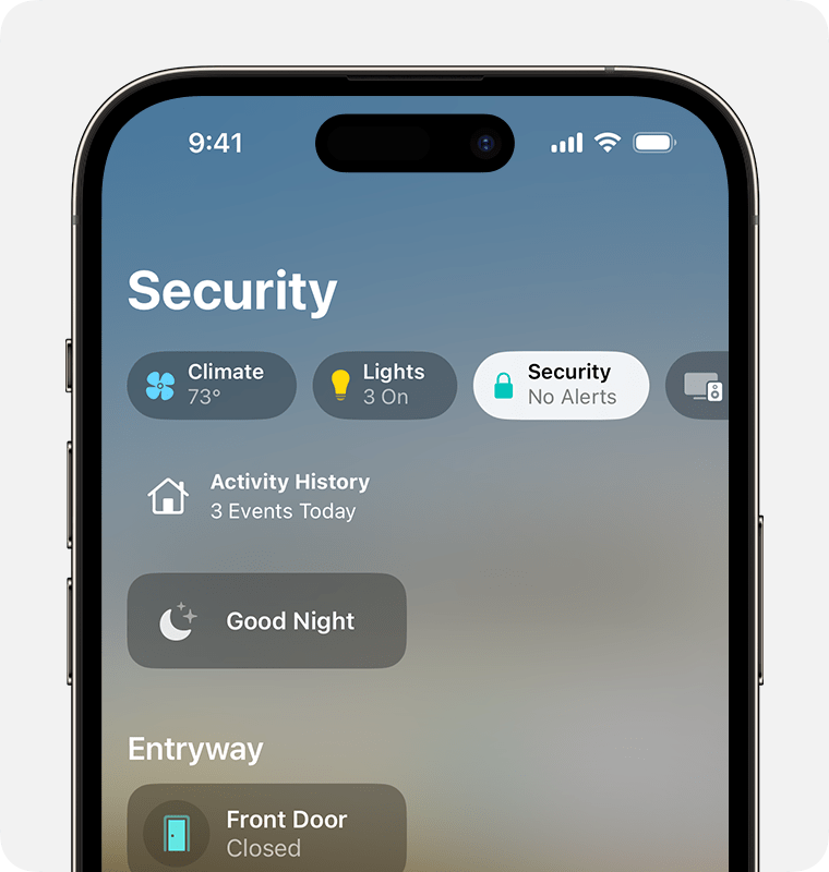The Security category appears at the top of the Home Screen in the Home app