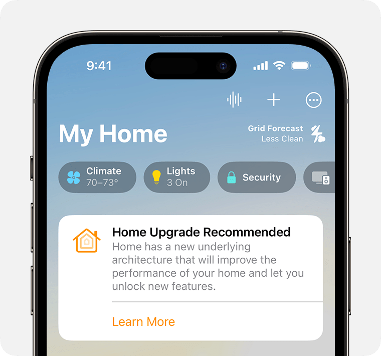 The Home Upgrade Recommended notification appears on the Home tab in the Home app