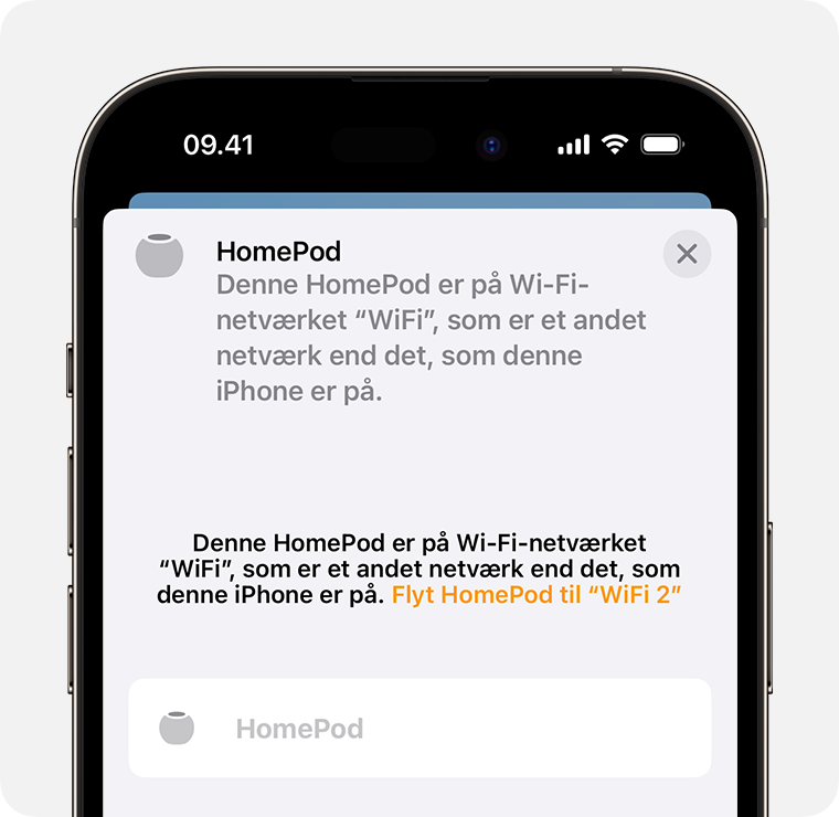Muligheden for at flytte HomePod til et andet Wi-Fi-netværk vises øverst på HomePod-indstillingsskærmen