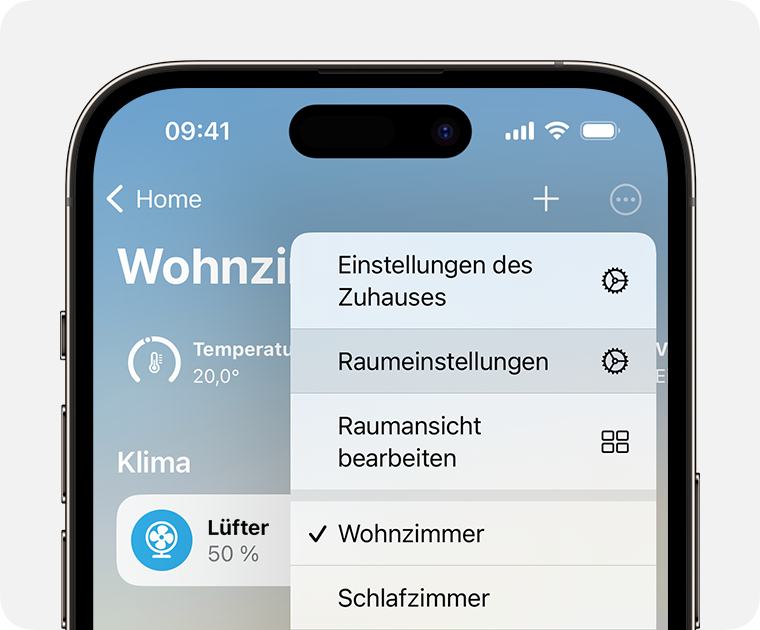 Die Raumeinstellungen werden unter „Einstellungen des Zuhauses“ angezeigt, nachdem auf die Mehr-Taste getippt oder geklickt wurde