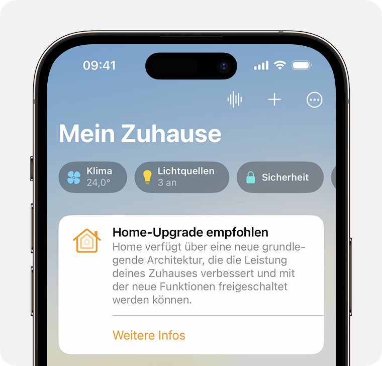Im Tab „Zuhause“ in der Home-App wird die Mitteilung „Home-Upgrade empfohlen“ angezeigt