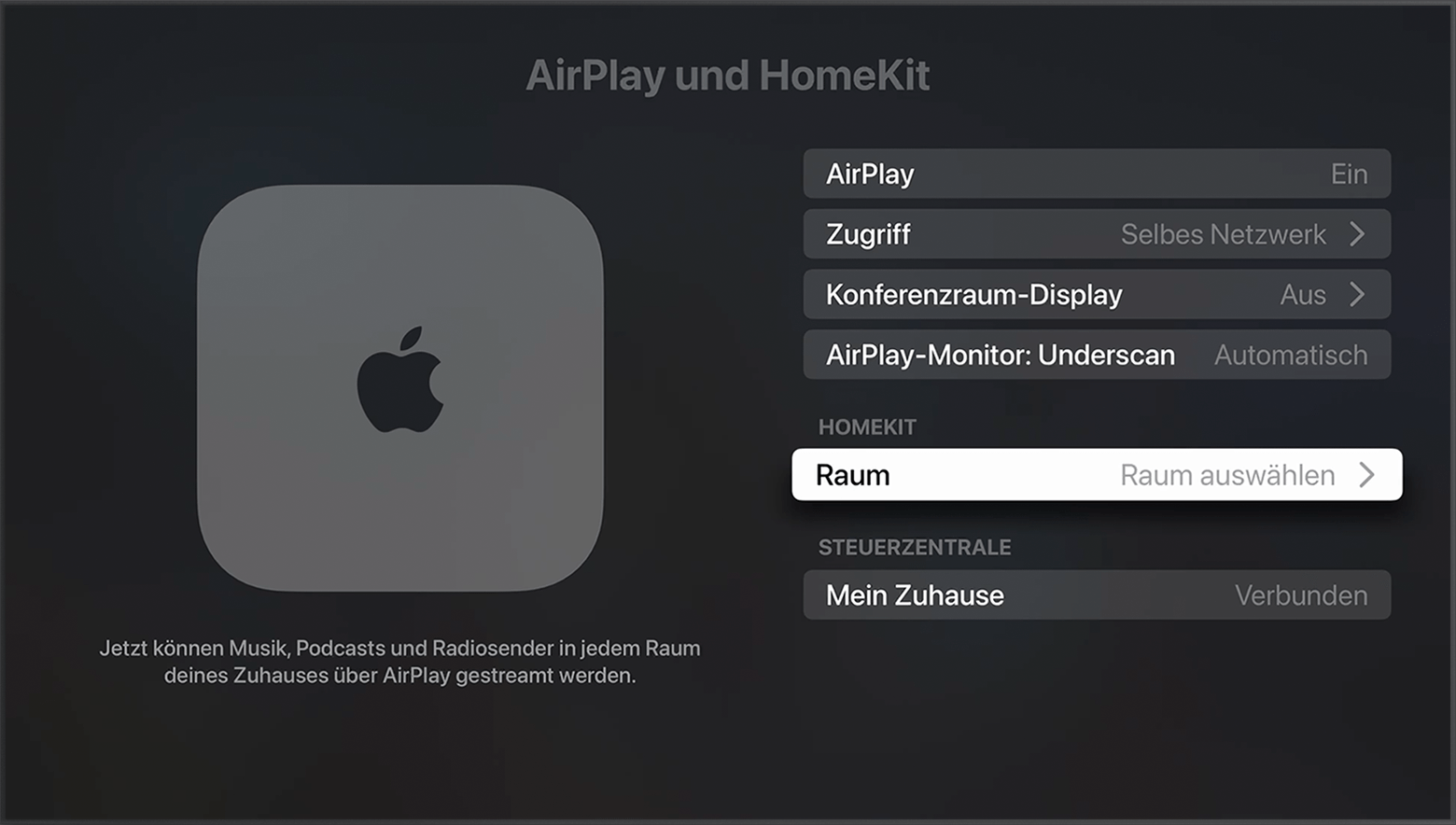 „Raum“ unter „HomeKit“ auf dem AirPlay- und HomeKit-Bildschirm in den Apple TV-Einstellungen