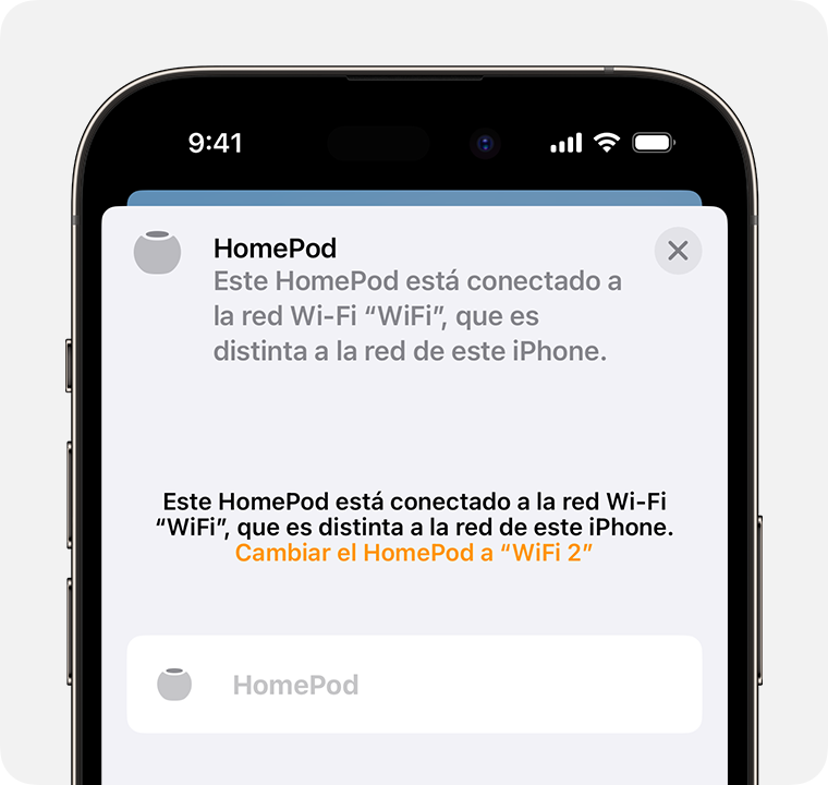 La opción de mover el HomePod a una red wifi distinta aparece cerca de la parte superior de la pantalla de configuración del HomePod