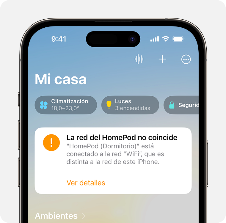 La alerta de desajuste de la red del HomePod aparece cerca de la parte superior de la pantalla de inicio de la app Casa
